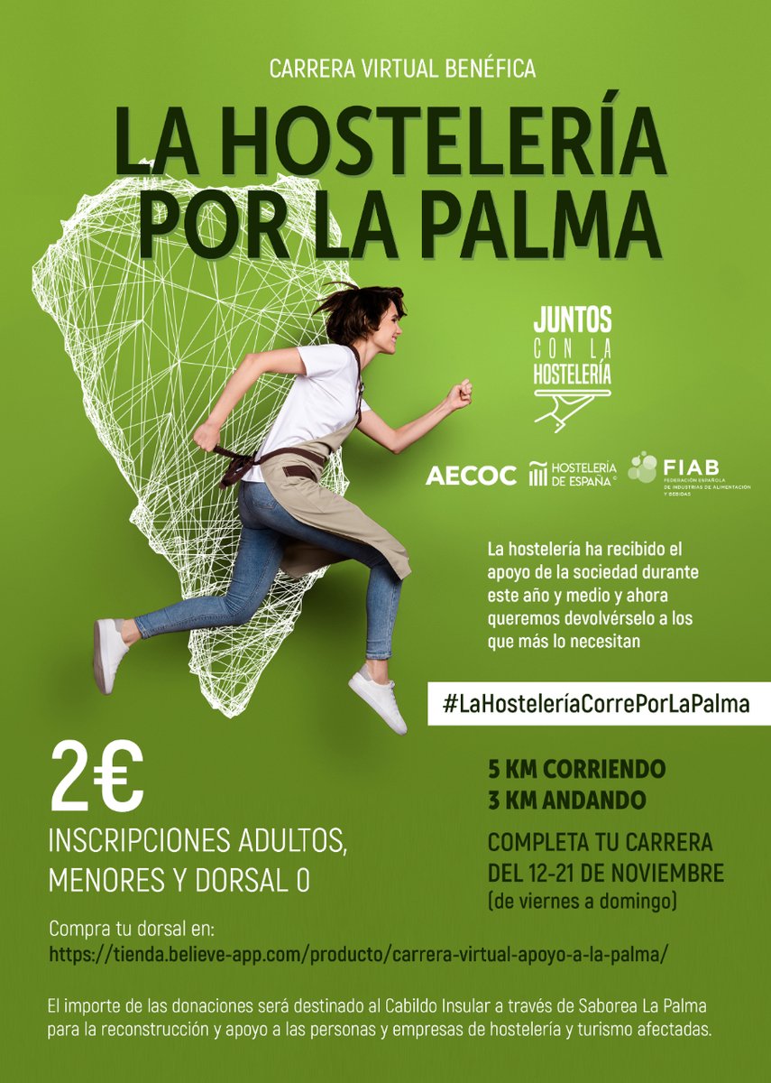 esFIAB's tweet photo. Os recordamos que podéis participar en la carrera virtual para apoyar a La Palma que impulsa #JuntosconlaHostelería (FIAB, @AECOC_ES y @CEHEhosteleria). 🏃‍♂️

📅 12-21 de noviembre. #LaHosteleríaCorreporLaPalma

Toda la información: https://t.co/nWxODyQDxI https://t.co/2g8QZljOHH