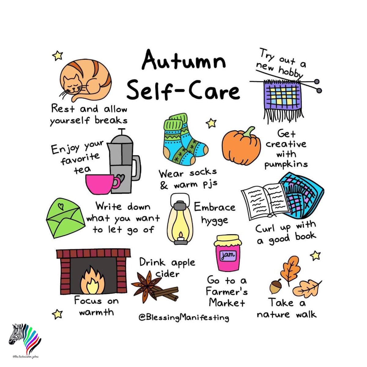 🍁 It is a #beautiful #Saturday to #PracticeSelfCare. Have you practiced some fun #AutumnSelfCare? Which fun activity did you partake in?
#InvisibleDisabilityWeek #VisibleCourage
#Disability #DisabilityAwareness
#MentalHealth #MentalHealthMatters #spoonie 
🎨:BlessingsManafesting
