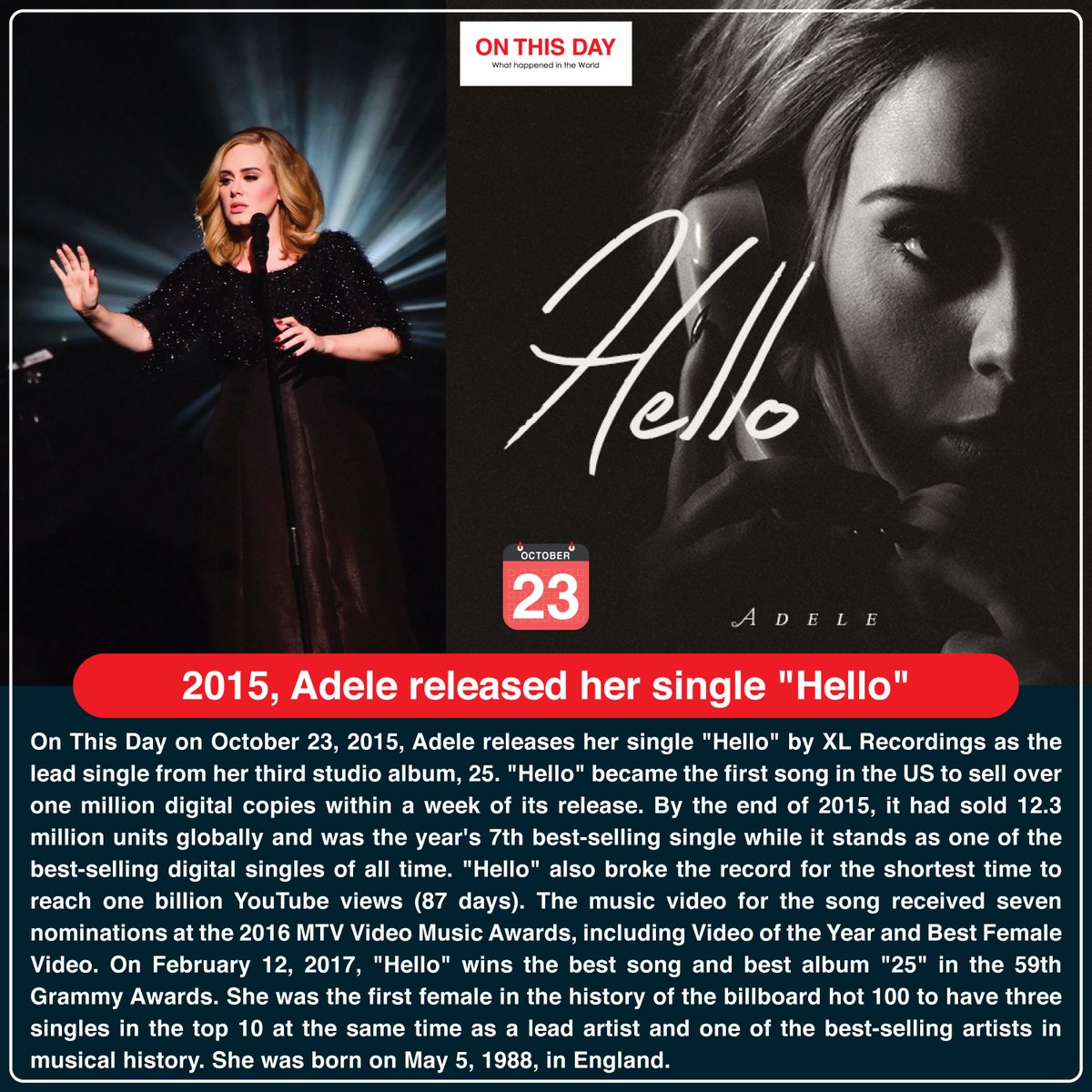 OnThisDayInWor1's tweet photo. #OnThisDay 2015, Adele released her single "Hello"

@AdeleAccess 

#october23 #doyouknow #historytoday #in2015 #6yeasrago #Adele #Hello #Hellosong #helloadele #england #bestsong https://t.co/QHEvLCOYqD