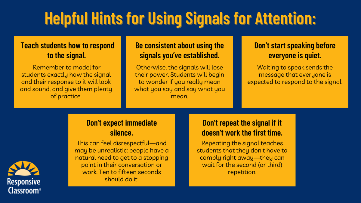 responsiveclass's tweet photo. When using signals for attention — whether visual or auditory — keep these tips in mind to make them as successful as possible. https://t.co/M1BGPhkOhR