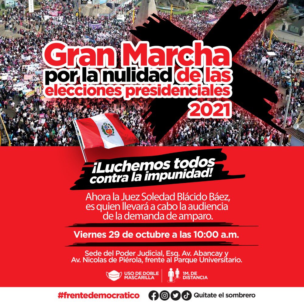 YeniVilcatoma2's tweet photo. Amigos este 29 de octubre  a horas 10:00 a.m. todos a marchar para hacerle frente a la impunidad y lograr la nulidad de las elecciones, y a lo largo de todo el país marchen a las Cortes Superiores de Justicia. No permitamos que pisoteen nuestra esperanza de un Perú en democracia. https://t.co/XHFwfobTP0