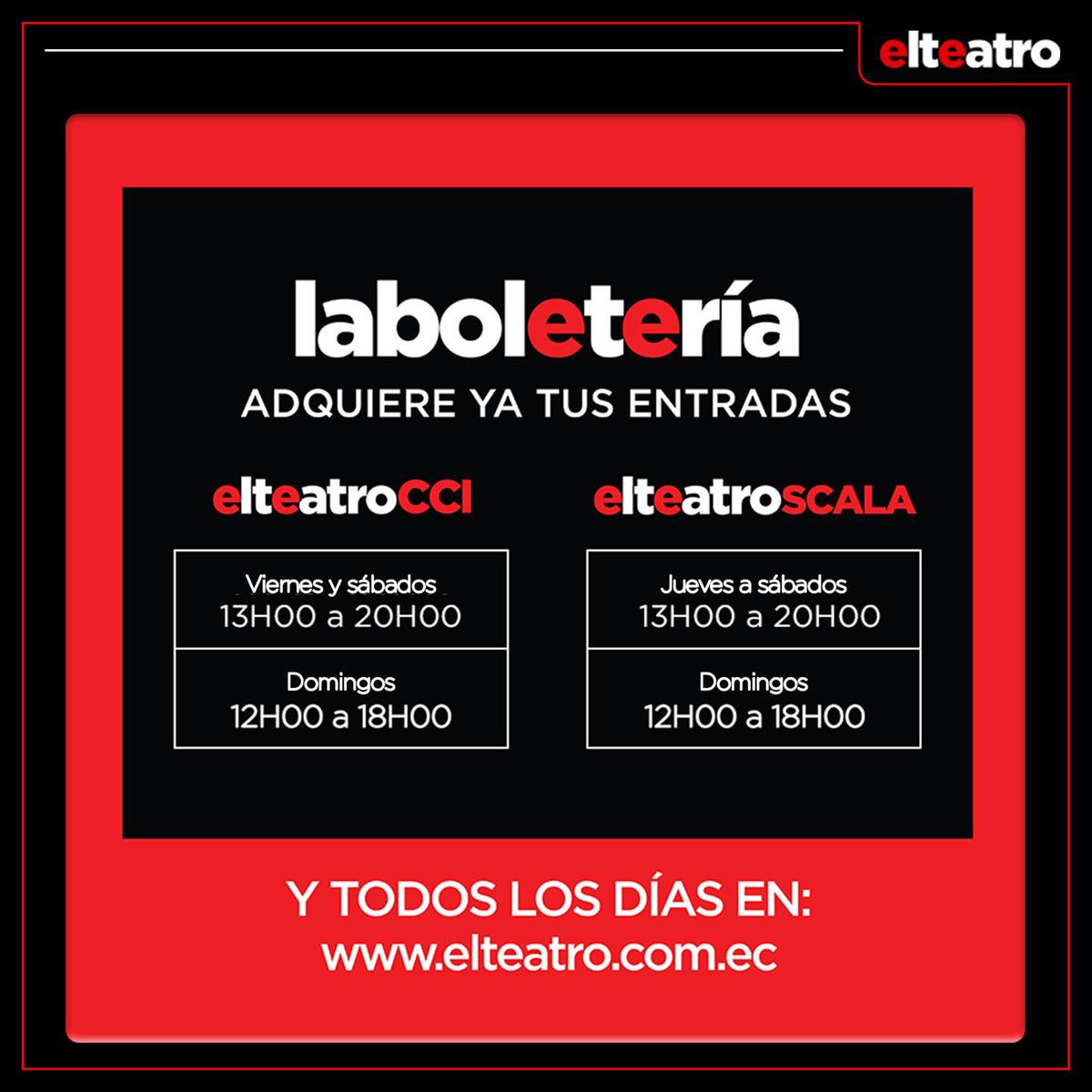 El mejor plan para disfrutar el fin de semana está en #ElTeatroEC 🎭. Adquiere tus entradas en los siguientes horarios 👇🏻.