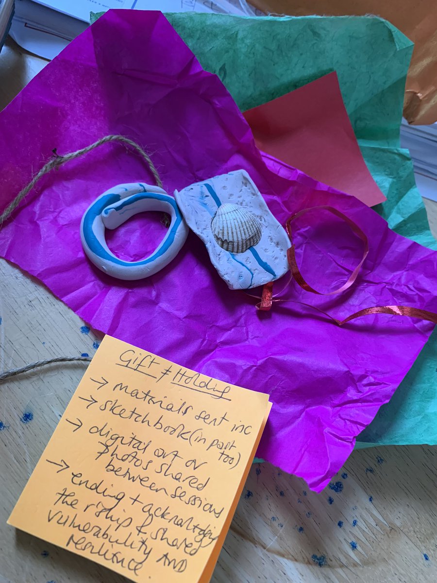 Thinking about online art therapy together in REGION8 <a href="/baat_org/">British Association of Art Therapists (BAAT)</a> I made this - each layer wrapped and tied &amp; untied/unwrapped to the group. Felt important to acknowledge the various ways the ‘gift’ of trust, holding and connection that can be created between 2 people #arttherapy