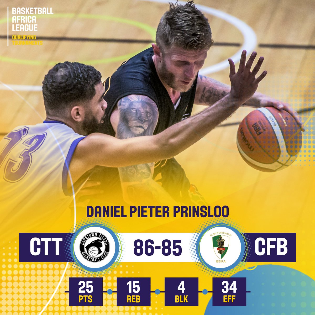 roadtoBAL's tweet photo. What a close game it was between @CapeTownTigers  and @cfvbeira! Both teams played hard but the 3 pt shot made at the end by Ganapamo sealt the deal, giving the Tigers their 3rd straight win! Final score, 86-85!

#RoadToBAL #africaleague https://t.co/7zkfmJQqih