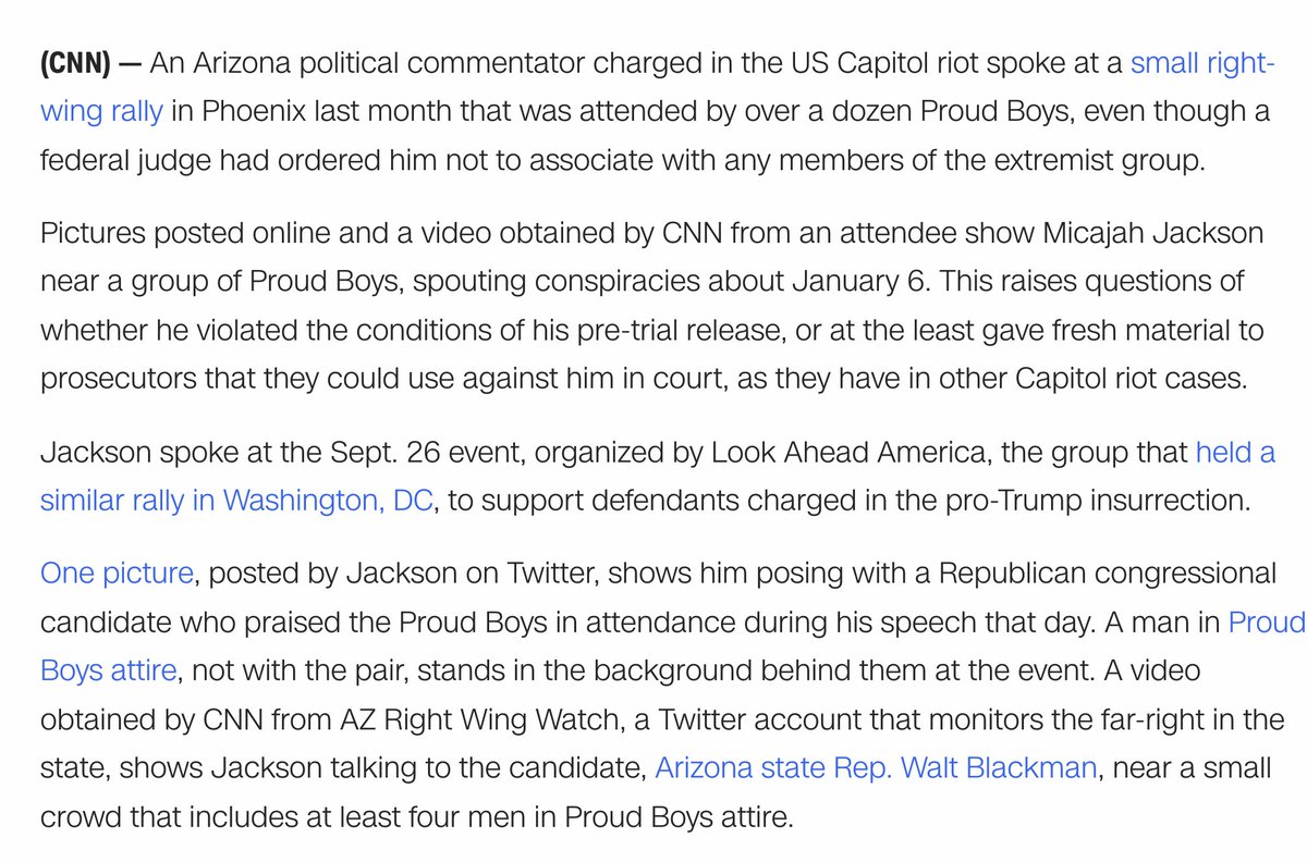 KFILE's tweet image. A man charged in the Capitol riot spoke at very small event for J6 defendant last month attended by a dozen or so Proud Boys, despite being ordered by a judge to not associate w/them.

Photos/video show him near the Proud Boys at the event.

cnn.com/2021/10/23/pol…