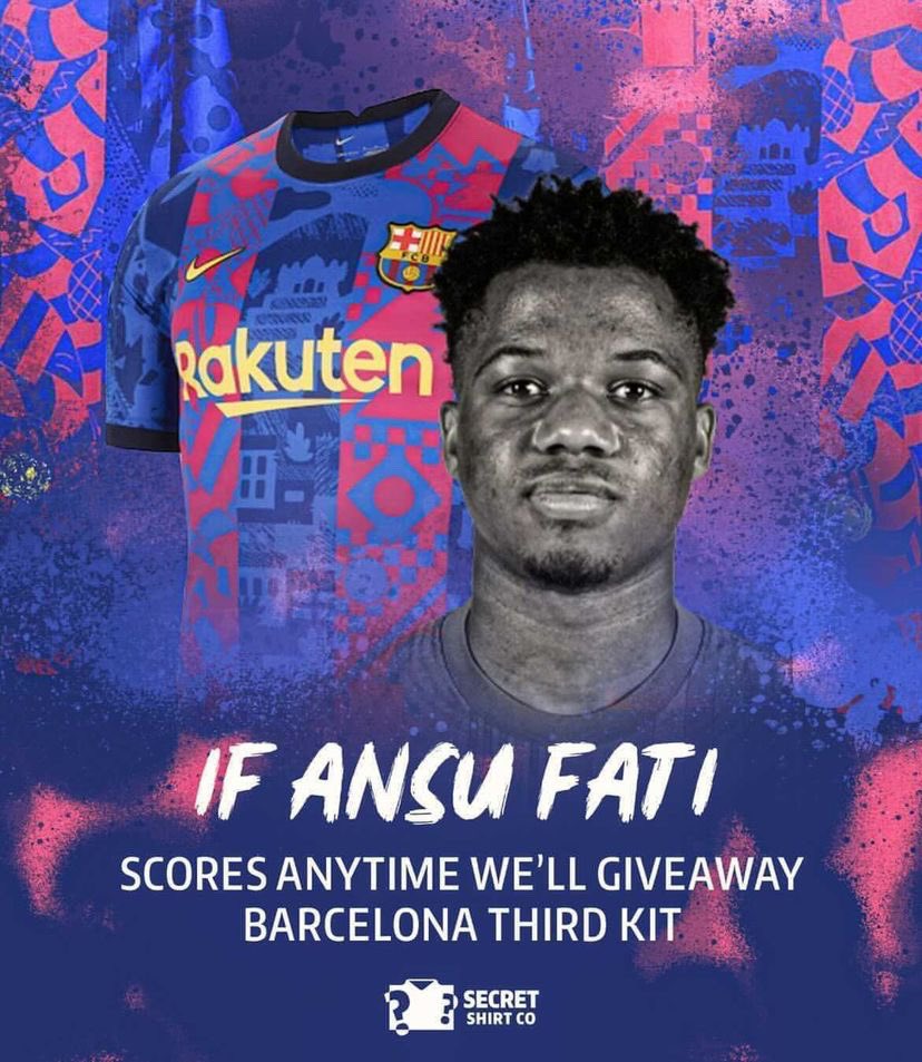 🚨 𝗜𝗳 Ansu Fati scores at anytime against Real Madrid in El Clásico, I will give away a Barcelona 𝟮𝟬𝟮𝟭/𝟮𝟮 third kit. 

To enter:

- Follow <a href="/secretshirtco/">Secret Shirt Co</a>
- Retweet this post
- Tag a friend

Winner will be announced after the game.