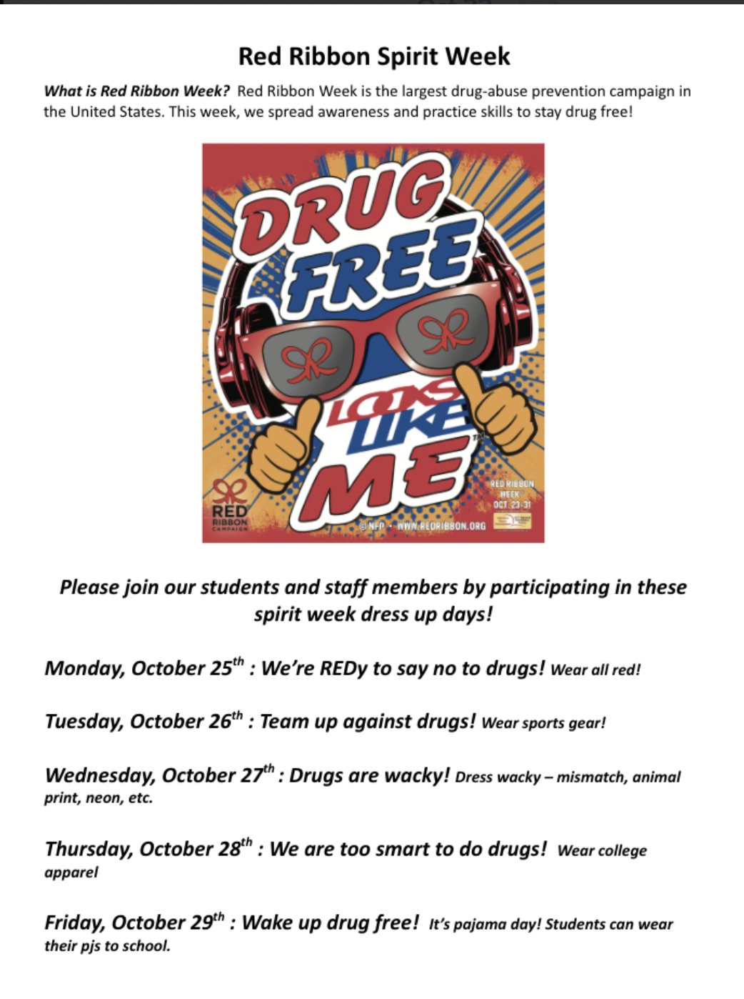 Red Ribbon Week: Oct 25th-29th