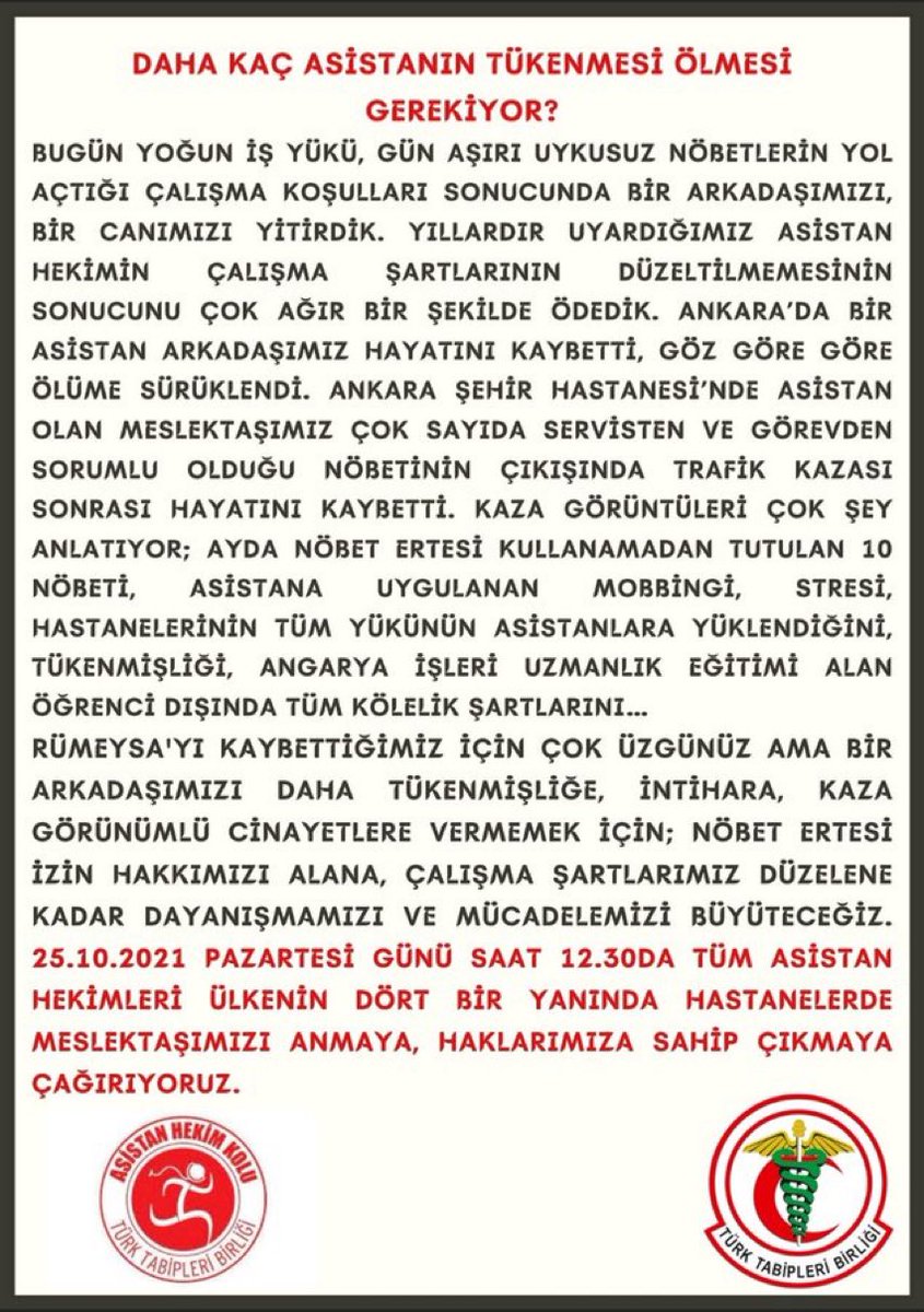 25 Ekim 2021 pazartesi günü heryerden haykırıyoruz: #KazaDeğilCinayet