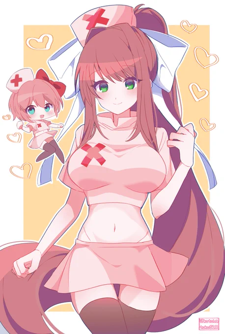 #DDLC #DokiDokiLiteratureClub 
【お題箱】ミニスカへそ出し黒ニーソのMonikaとSayori 