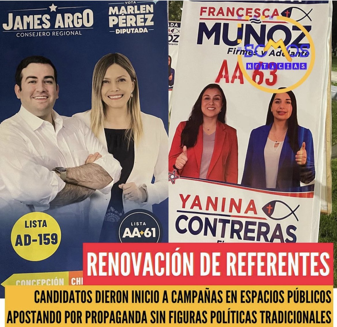 SomosNoticiasCL's tweet photo. Renovación de referentes en Biobío. Desaparecieron de palomas José Miguel Ortiz y el clan Van Rysselberghe. Candidatos a Core buscan apoyo de electores de nuevas figuras. Ejemplos en la fotografía donde buscan apoyo de @FrancescaD20Dip y @marlenperez2021 #franjaelectoral https://t.co/GBFZm8LtFQ