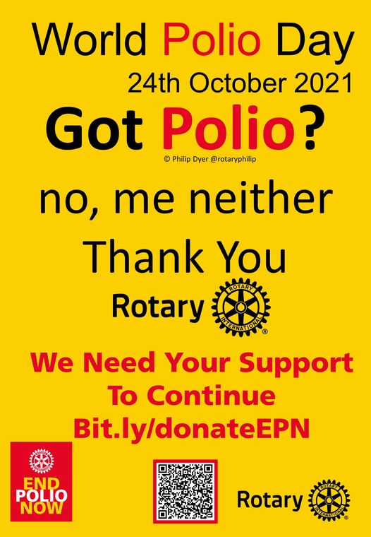 24th October is World Polio Day.  We are closer than we have ever been, 2 cases of Polio in the world to date in 2021, please give what you can to End Polio Now Bit.ly/donateEPN