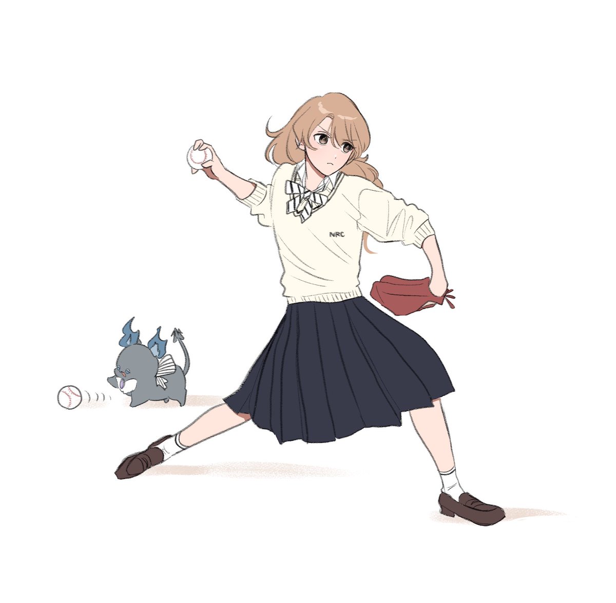 1girl skirt baseball baseball mitt school uniform white background bow  illustration images