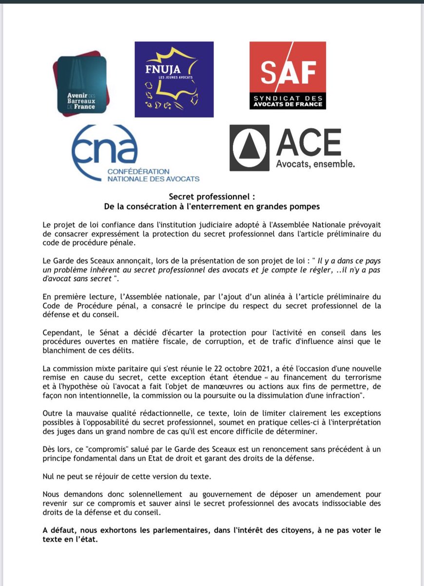 Le #secretprofessionnel n’est pas celui des #avocats mais celui de nos clients. Il nous oblige. Sans lui, ni confiance ni défense, ni état de droit. Ensemble, nous sommes déterminés. @ACEavocats @fnuja @syndicatavocats @CNAvocats @Avocats_ABF