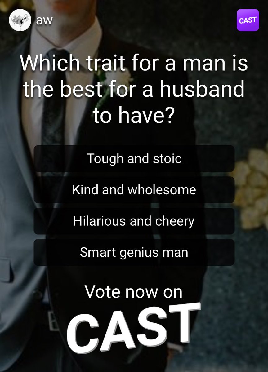 joincastdotco's tweet photo. What type of husband are you looking for? #castyourvote #husband #marriage #personalitytraits https://t.co/oJ29F6nKdo
