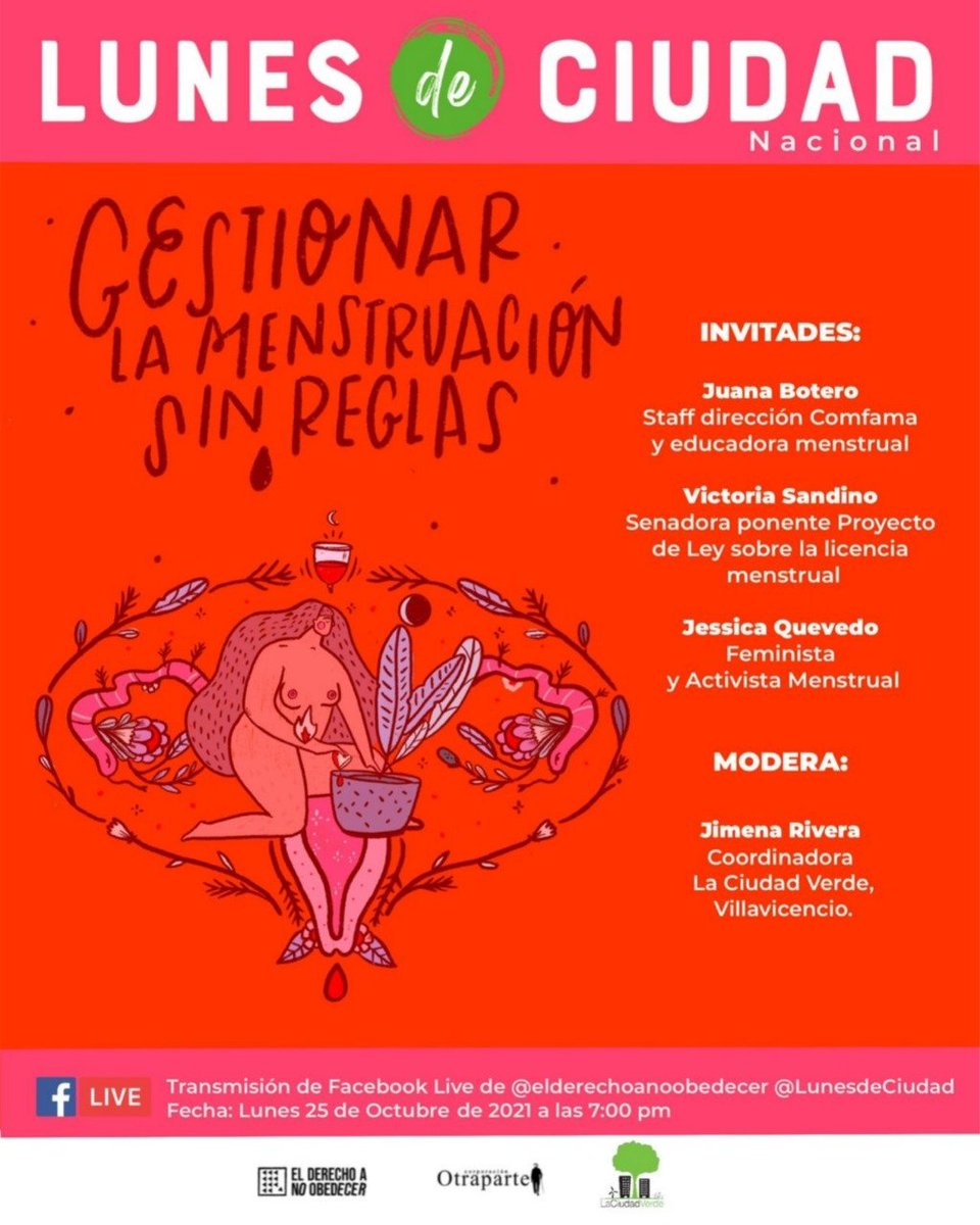 fb.me/e/1gBG4Su7v
Hola! Te invito a agendarte para esta conversación y a compartir con tus contactos. Vamos a hablar de acciones para gestionar la menstruación en Colombia. #LunesDeCiudad Oct. 25 / 7:00 pm. ▶️Facebook Live Lunes de Ciudad.