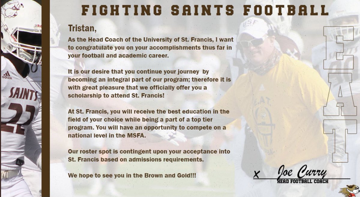 After an amazing phone call with @coachmiller3634 I am blessed to receive my first collegiate offer from the University of St Francis! @wthsfb @DIPT4SPORTS @USFSaintsFB