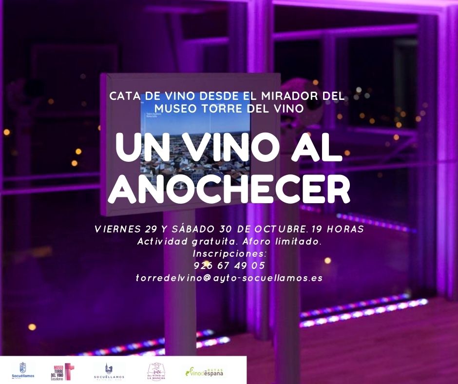 Los días 28 y 29 a las 19.00 h. va a tener lugar, en el  @TorreVino, una cata desde del mirador: 'Un Vino al anochecer'
La cata está enmarcada en la programación con motivo de la  ' Feria de Todos los Santos'
#MTDVS  #ViveSocuéllamos #RutadelVinodeLaMancha #EnoturismoRVE