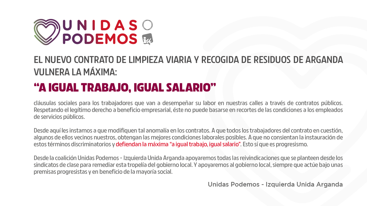 UPArganda's tweet photo. Instamos al gobierno del @PSOEArganda a rectificar esta anomalía nada progresista que vulnera la máxima:

"A igual trabajo, igual salario" https://t.co/VVgKQR4cVu