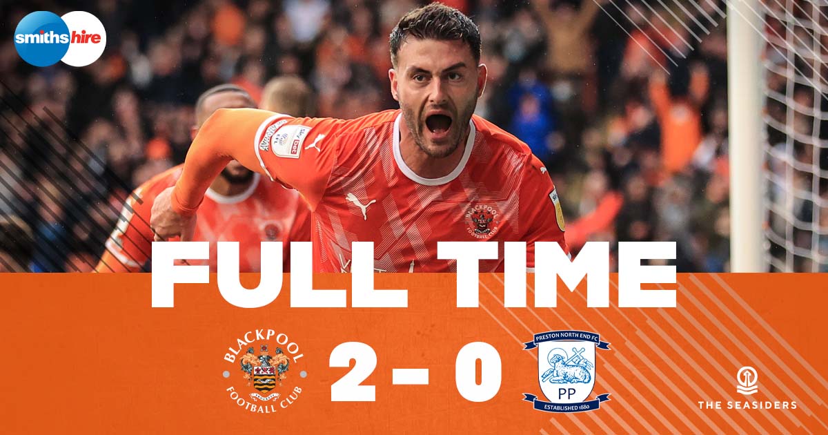BlackpoolFC's tweet photo. FT | Blackpool 2 Preston North End 0

The Seasiders welcome the derby back with all three points. Get in! 

🍊 #UTMP | @smithshire https://t.co/SJO0ufrzkn