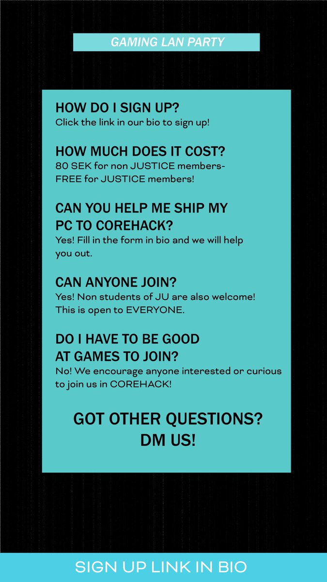 Welcome to the biggest student-hosted LAN party! We are so excited to announce COREHACK 2021 FALL EDITION!

Campus Arena, Jönköping.
5 Nov - 7 Nov / 
Doors open 15.30 
Non students welcomed!

Got questions? DM us! 

SIGN UP HERE 👇🏼
forms.gle/VxjzynHMP3Lixc…