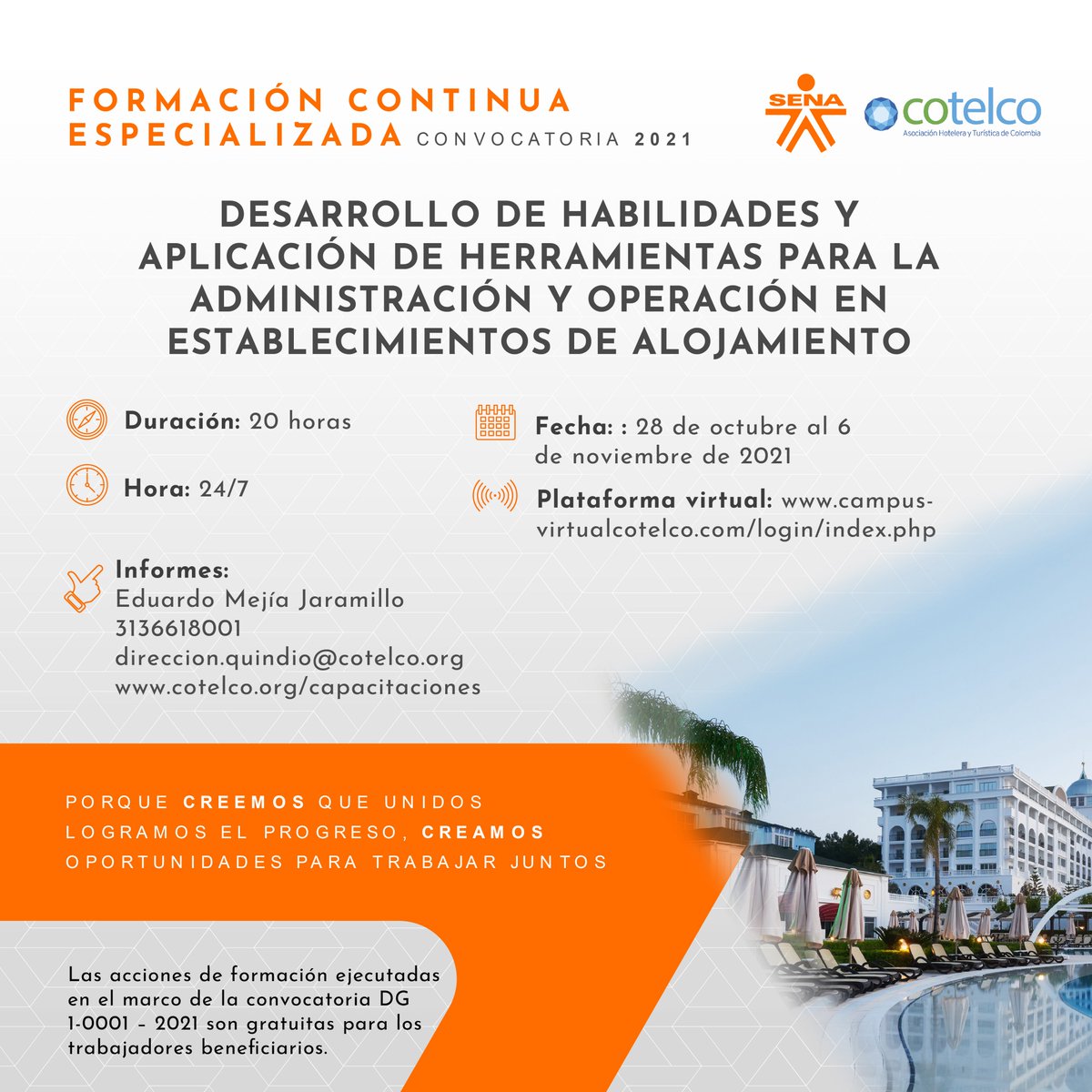 cotelcoquindio's tweet photo. Participa 🚨SIN COSTO🚨en el Curso Virtual  "Desarrollo de habilidades y aplicación de herramientas para la administración y operación en establecimientos de alojamiento" 

💻Inscríbete en:  https://t.co/fhxo91nPoj https://t.co/pnPLBonGTb