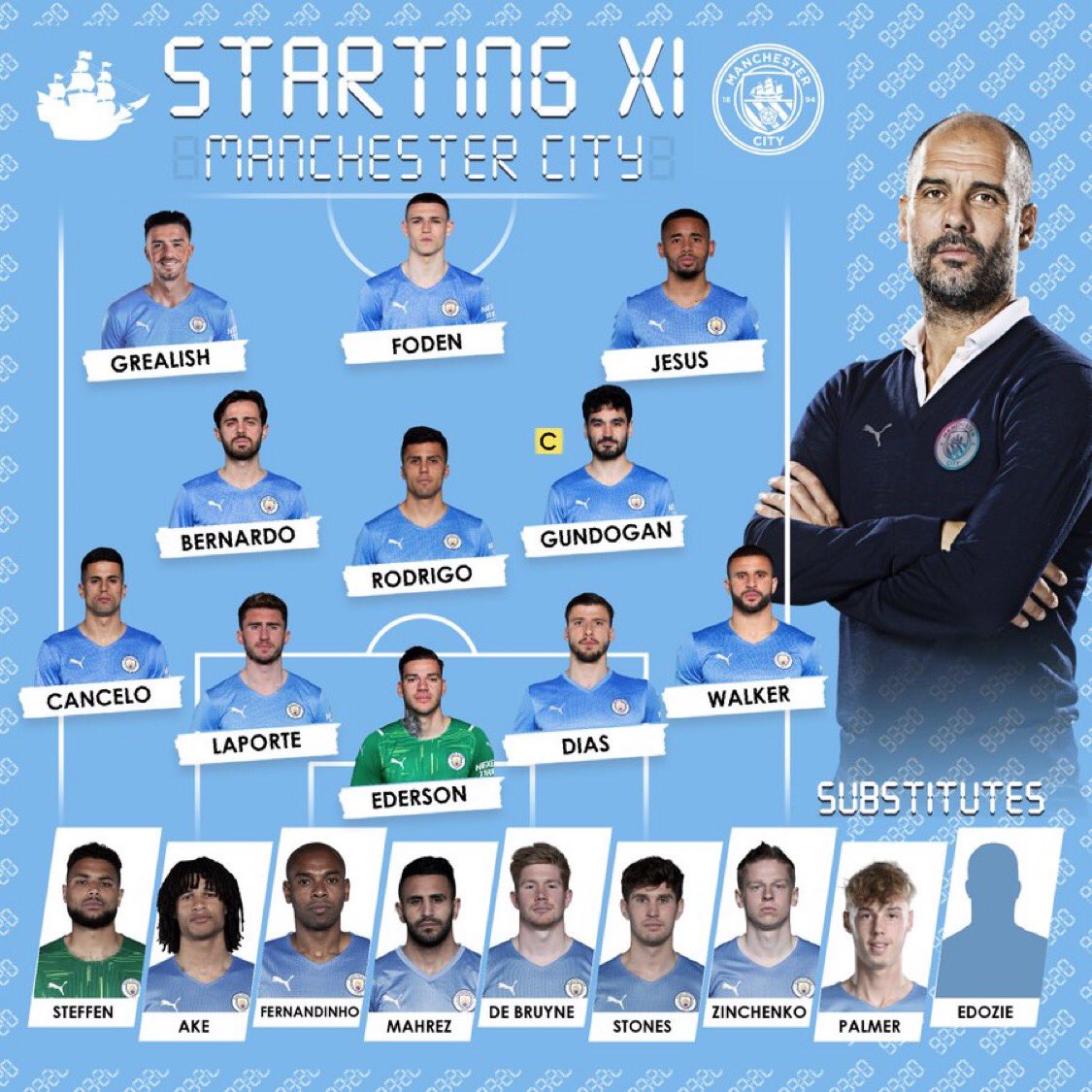 ManCity_Info_'s tweet photo. 1:30分キックオフのブライトン戦スターティングメンバーはこのようになっております🔥👕🔥 https://t.co/MSaaP5LNNM
