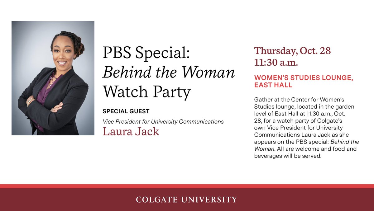 colgateuniv's tweet photo. Watch Laura Jack (@lhj7), vice president of communications, on #BehindtheWoman, October 26 on #WCNY, or join on campus for a watch party and discussion, October 28. 

Behind the Woman shares personal stories from diverse women leaders to empower others. https://t.co/T5khsjtFuA https://t.co/DQGbYAvpet