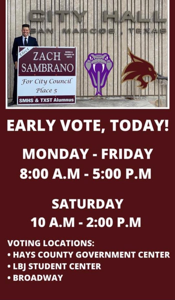 Early voting started this week, and lasts until October 29th! Go vote for my brother, Zach Sambrano for Place 5. It would be much appreciated and gives you the opportunity to have a voice in your community! 
zach4smtx.com/on-the-issues