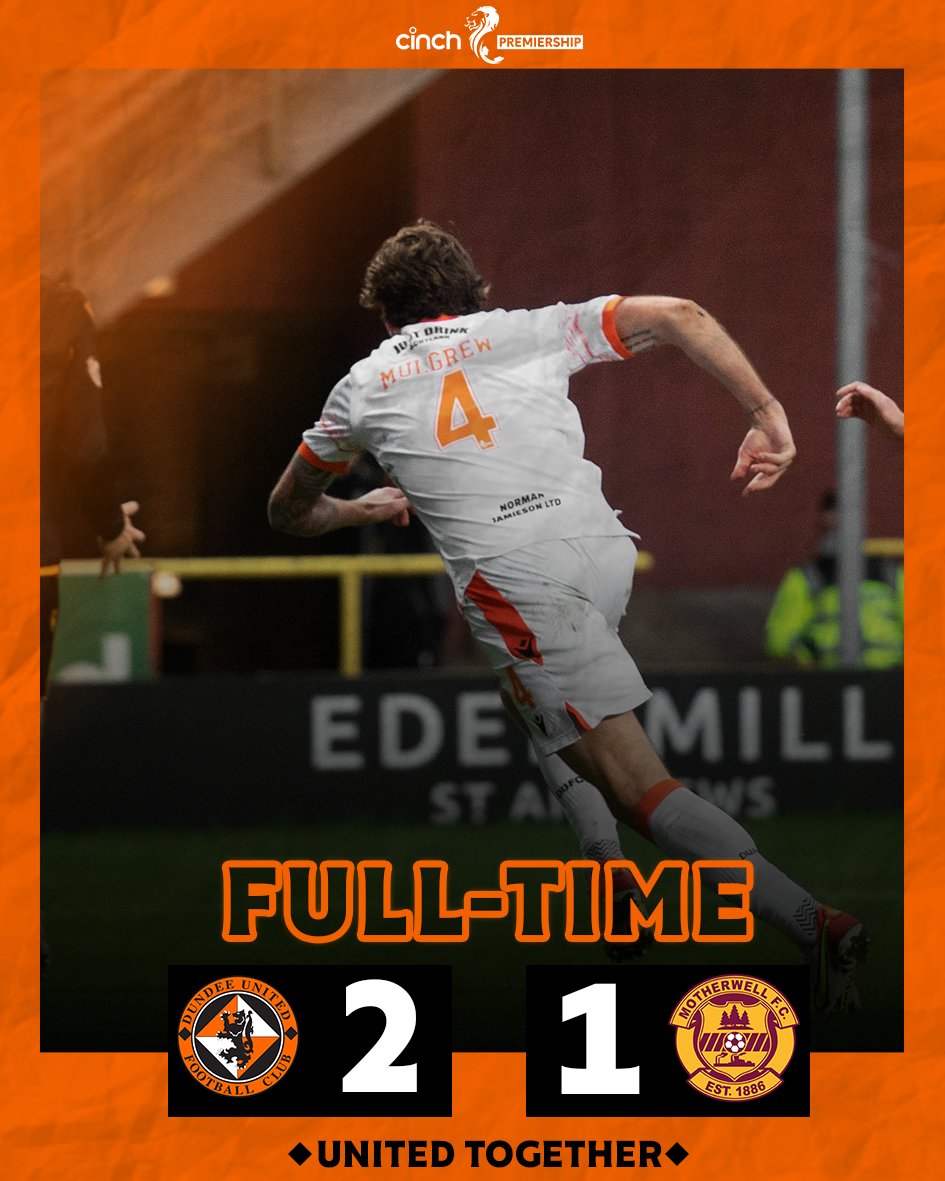 dundeeunitedfc's tweet photo. FT | UNITED 2-1 MOTHERWELL

The 3️⃣ point Saturday's continue for United as goals from our centre-half partnership are enough to see off Motherwell. Thank you for your support🧡🖤 https://t.co/jFHCB9Wqfa