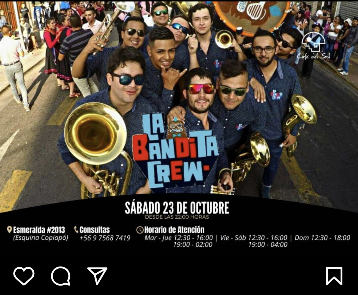 AFTAPanoramas's tweet photo. 🎵 La Bandita Crew     
📍 Café del Sol                          
⏰ 22:00 horas      
📆 HOY 23 Octubre     
#Antofagasta https://t.co/LLlmFoZpOM