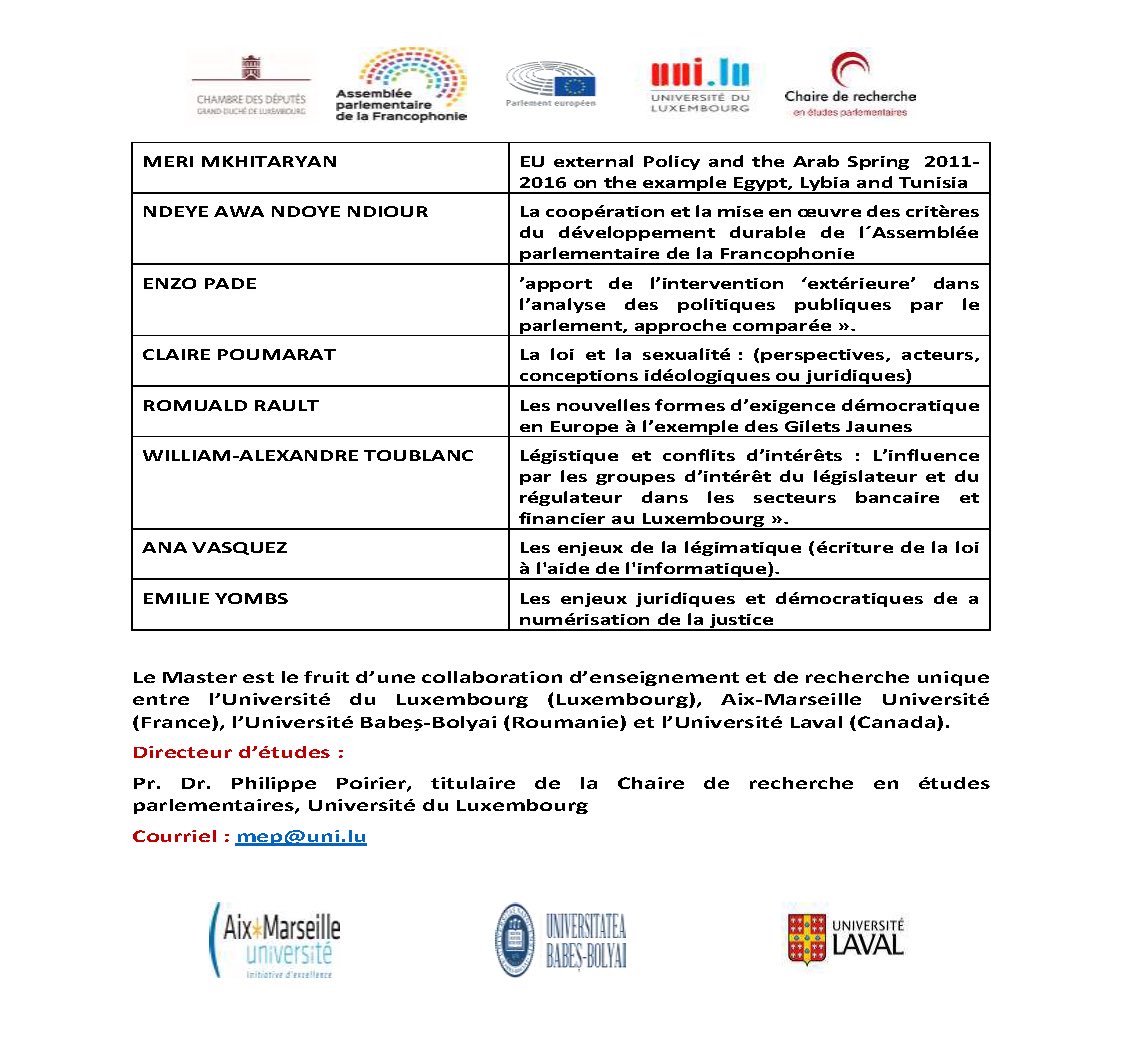 PhPoirier's tweet photo. Premiers étudiants Master II études parlementaires (https://t.co/cgRAWT3d11), initieront stages &amp; thèses 2022: biopolitiques, démocratie numérique, développement durable, légistique, évaluation des politiques publiques, etc. @APFfrancophonie @IPUparliament @InterParesEU @uni_lu https://t.co/9iAgY4p0xT