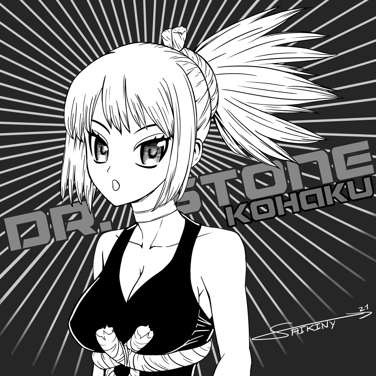Saikiny's tweet photo. Nouvelle illustration de #Kohaku en format portrait cette fois ci et en essayant toujours de coller au style de #Boichi !

#DrSTONE #MangaArt #FanArt #BlackandWhite #ClipStudioPaint https://t.co/tJBLGgyrMb