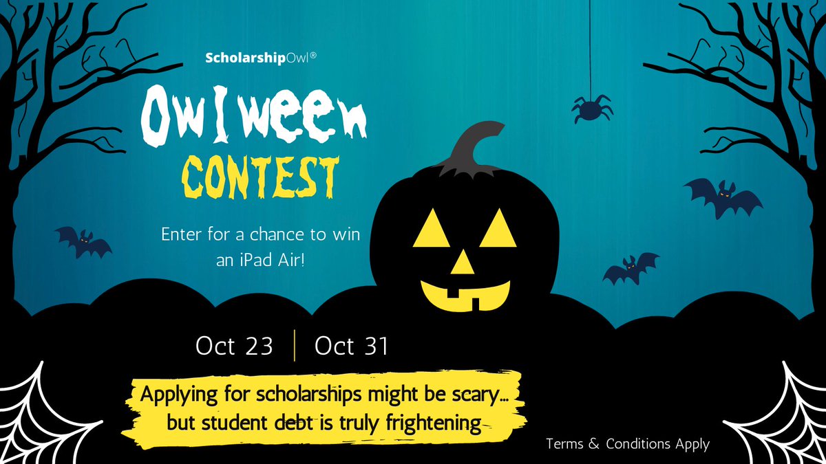 ❗ GIVEAWAY ALERT ❗
Applying for #Scholarships might be scary 👻... but #student debt is truly frightening! 🧛
Tell us what scares you the most about applying for scholarships and you'll be entered for a chance to win! For more details, visit this link: bit.ly/owlween2021