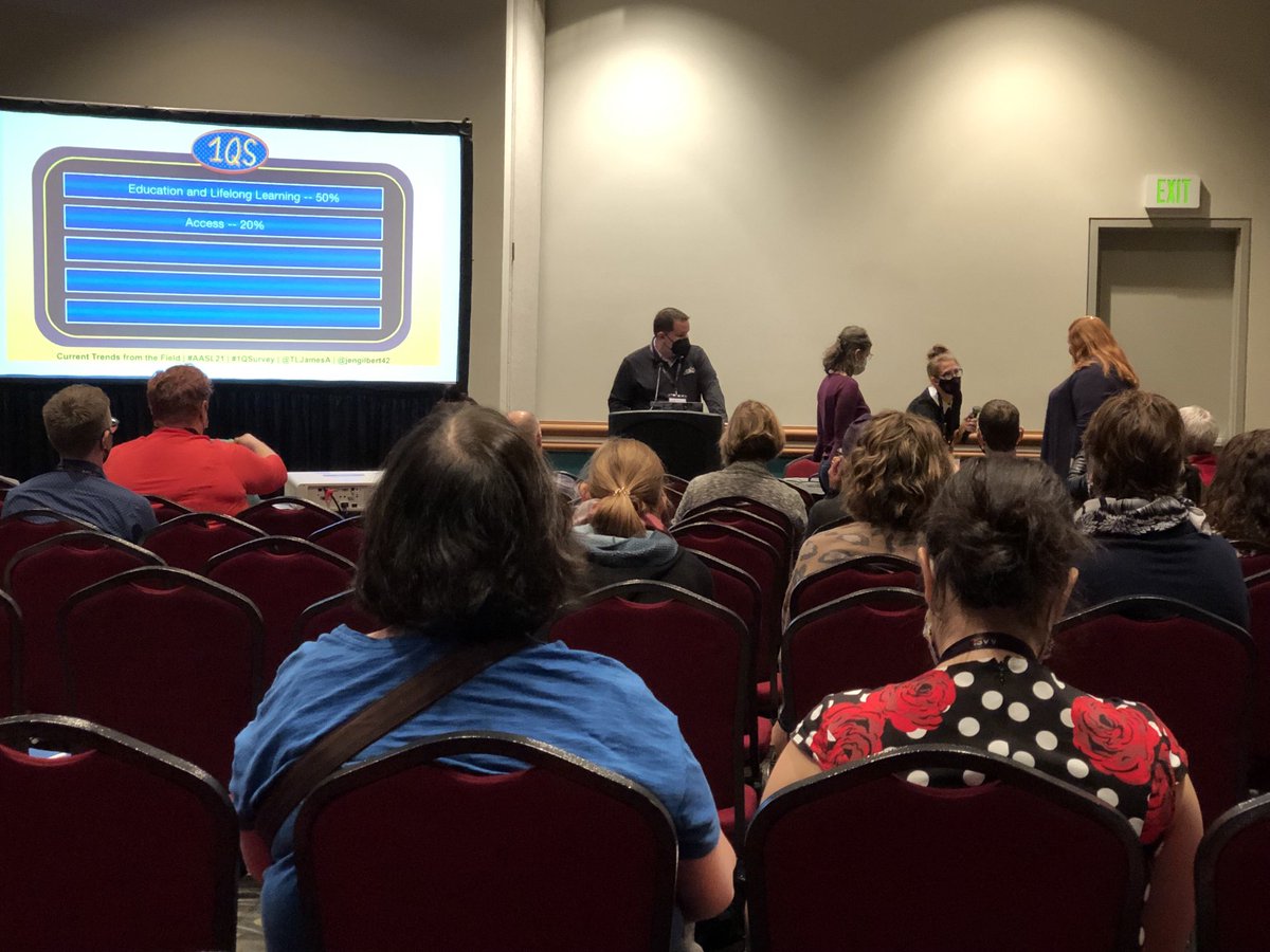 HCHSLibrarian's tweet photo. Learning about current trends in school libraries from @JenGilbert42 & @TLJamesA this morning Family Feud style. Very clever and interactive presentation style! #LeadFromTheLibraryKY #KyLChat #AASL21 https://t.co/VTWvDQuoud