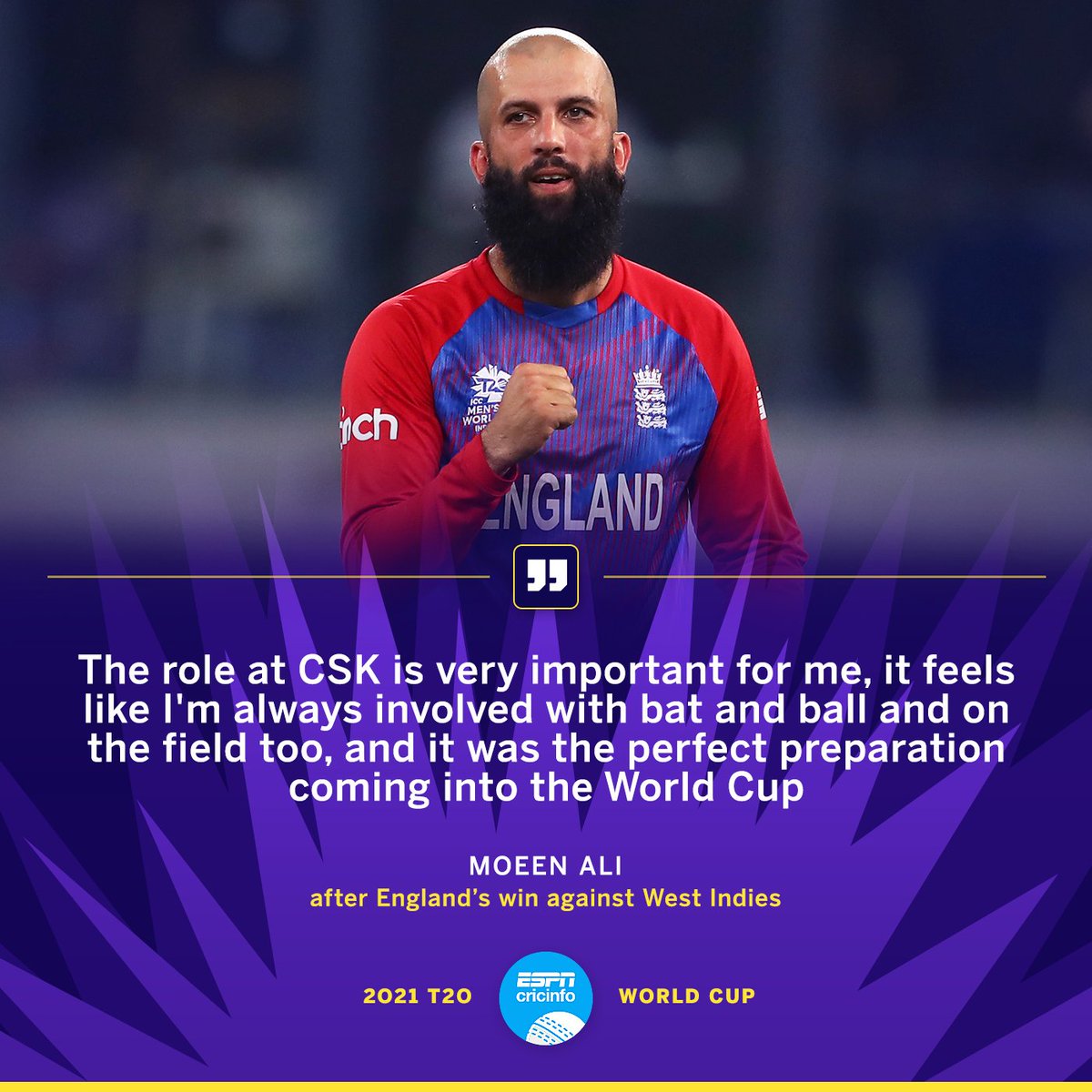 cricinfo's tweet photo. Moeen Ali gave credit to his time at CSK after being named Player of the Match in a dominant England win 💪

#ENGvWI | #T20WorldCup https://t.co/dXCC50RJAl