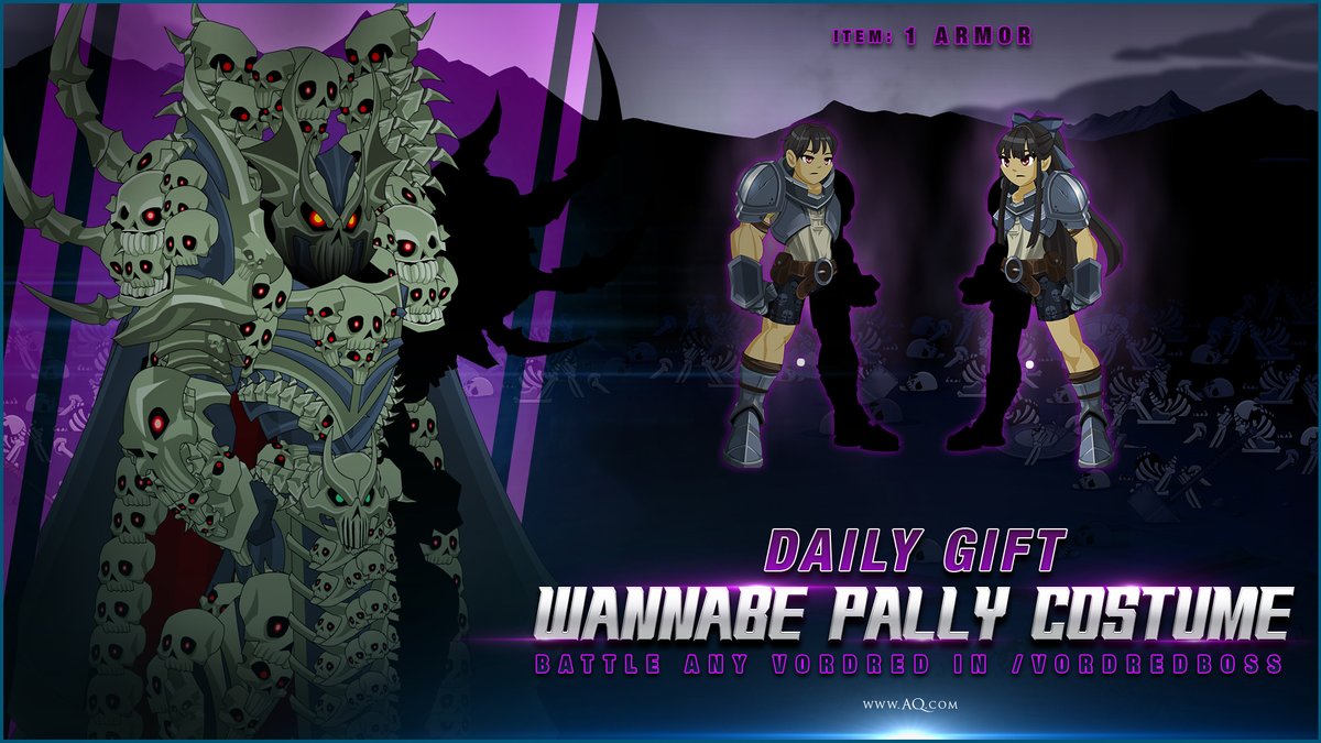 Alina_AE's tweet photo. New daily login gift as we gear up for Mogloween! Battle any Vordred monster in /vordredboss to get the 0 AC rare Wannabe Pally Costume armor until November 15th! Log in each day for a new reward, boost or other bonus at https://t.co/7Rjp6sLMXv #AQWDailyGift https://t.co/azC7wgxGKP