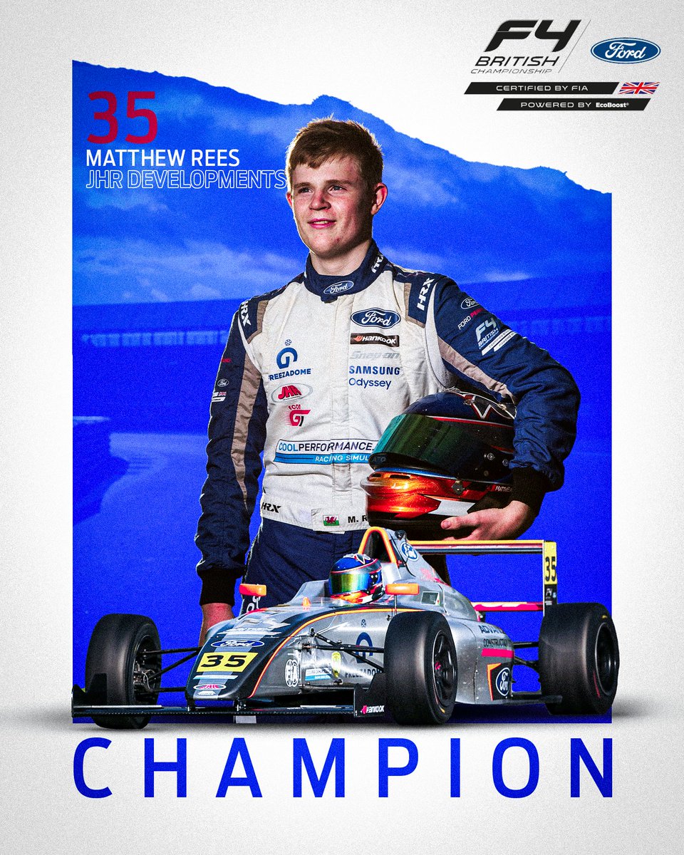 BritishF4's tweet photo. CHAMPION! 🏆

It's a maiden title for @JHRdevelopments - and Matthew Rees wins his first major single seater title in only his debut season! 🍾

Congratulations! 👏

#BritishF4 | #FordPerformance https://t.co/Mif11F15wd