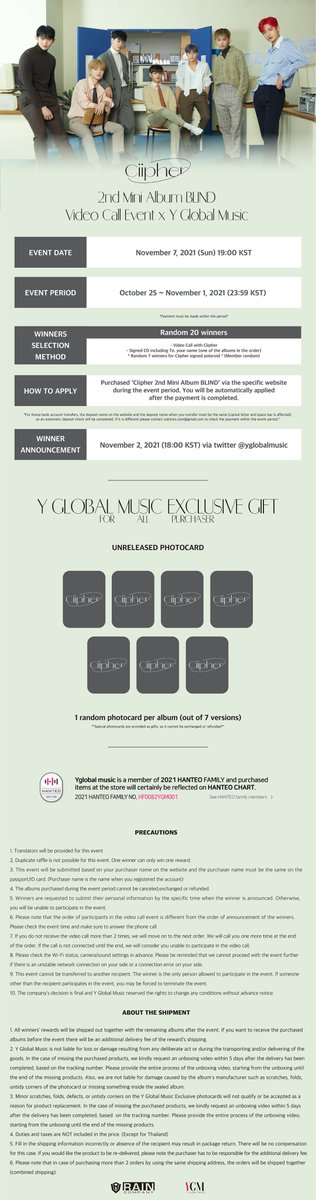 yglobalmusic's tweet image. #Ciipher 2nd MINI ALBUM #BLIND
Video Call Event x Y Global Music

If you missed the last event, ROUND2 is coming!
#싸이퍼 2차 영상통화 이벤트 오픈했습니다🔔

🗓10/25~11/1(23:59KST)

한국몰 bit.ly/3jv707y
GLOBAL bit.ly/2XGYDOI
ไทย bit.ly/3njHUK5