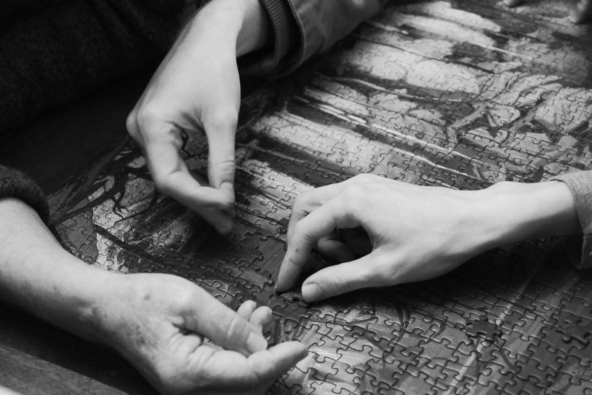 fultonjr's tweet photo. ‘Finishing up a difficult 1000 piece jigsaw puzzle family members  fill in last open area, here, today. The tiling puzzle picture is “Jack Pine and Poplar” by A. J. Casson. @PomegranateComm #pomcom 
📷©John R. Fulton Jr. https://t.co/iRj3uAXy3T