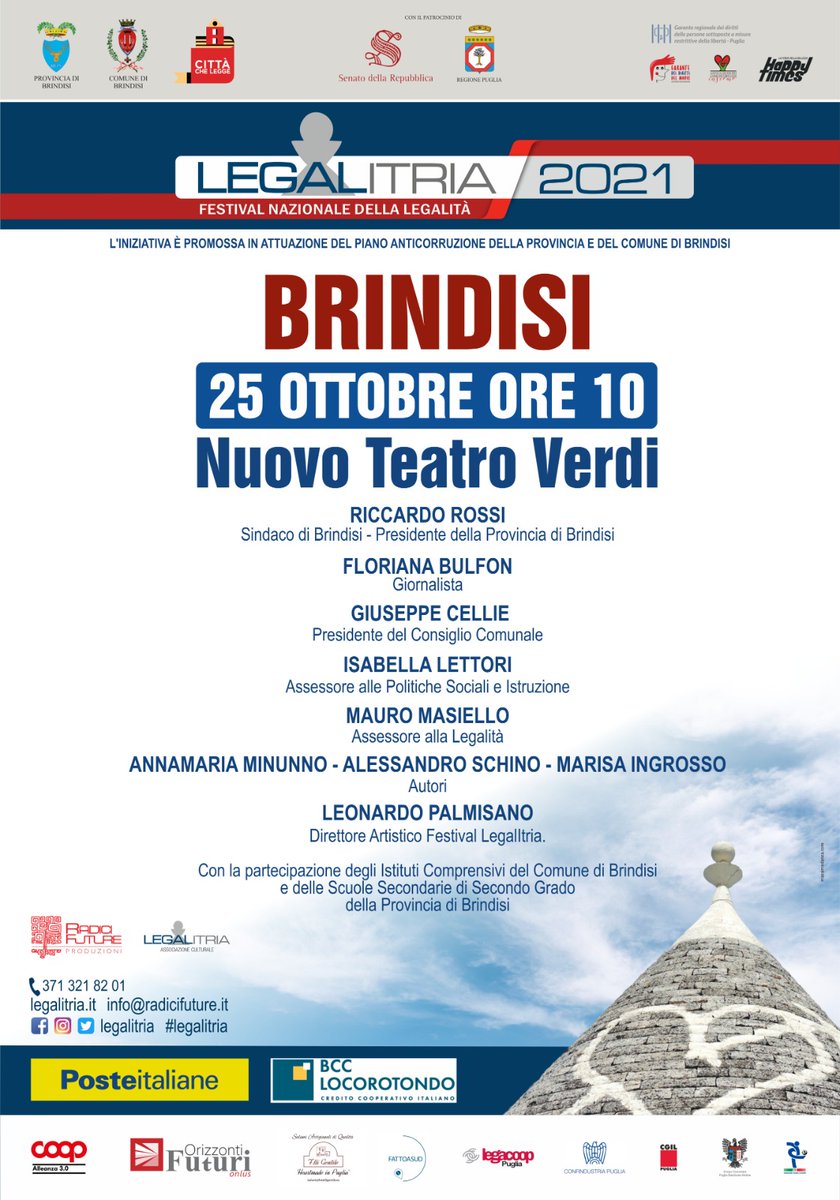 Legalitria's tweet photo. Si inaugura con un grande evento a #Brindisi il prossimo lunedì 25 ottobre la seconda settimana del Festival #LegalItria in Puglia
https://t.co/2HXUqzt85F
#legalità #antimafia #scuola #editoria https://t.co/3eJdhC99BN