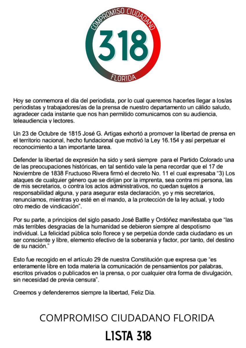 CompromisoFlori's tweet photo. DÍA DEL PERIODISTA.

Desde Compromiso Ciudadano Florida, Lista 318 queremos enviares un cálido saludo a todos los trabajadores de la prensa. https://t.co/GMqw5kMiQz