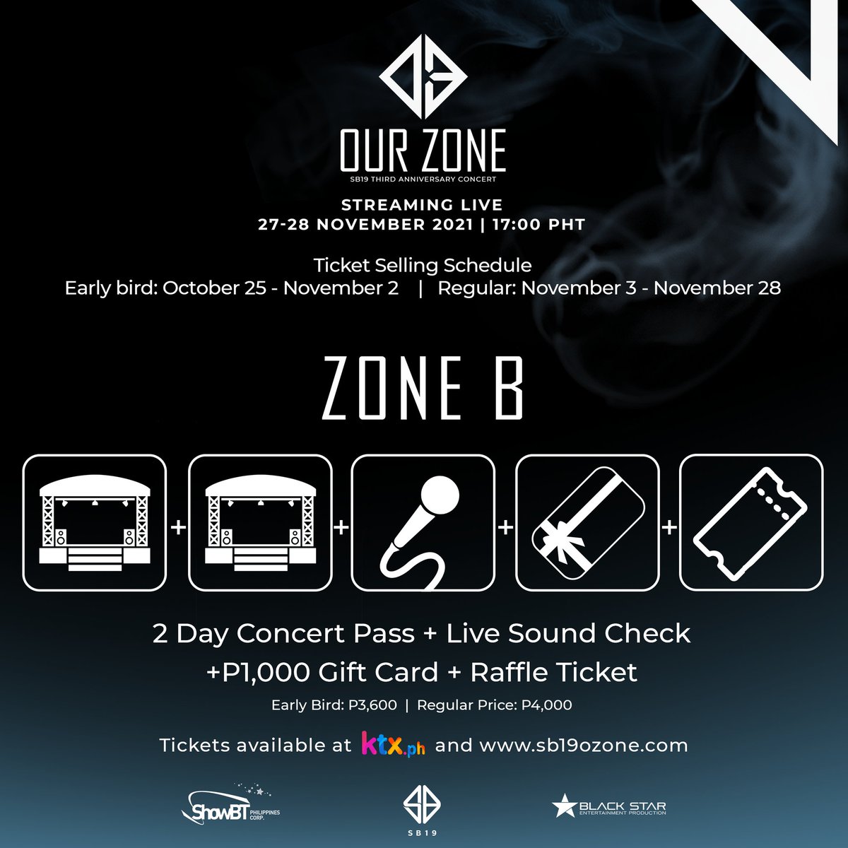 SB19Official's tweet photo. [ANNOUNCEMENT]

SB19 Our Zone: Anniversary Concert ticket prices and details are listed below.

Tickets will be available at https://t.co/aGbAGFbyMZ and https://t.co/0dCTJtDTaC on October 25, 19:00PHT.

#SB19Anniv3rsary #SB19OZAnnivConcert https://t.co/A1bap3pttw