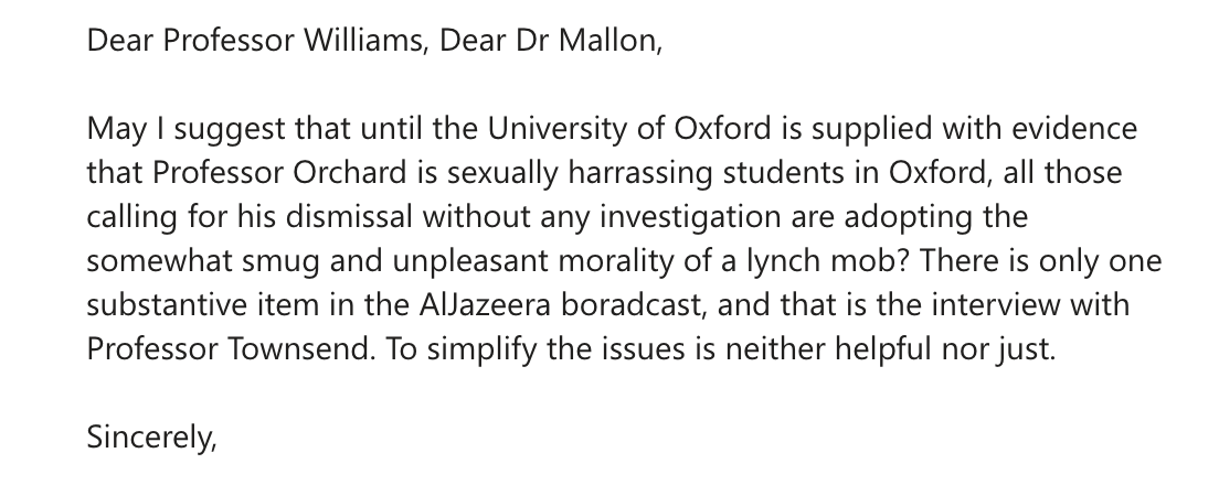 GraceMallon3's tweet photo. I just received this email from a 60-something former professor at KCL, accusing me of behaving like a member of a 'lynch mob' because I called for senior academics responsible for wildly unprofessional behaviour to be held accountable. The backlash is officially upon us. https://t.co/VR3Hqo1yd2
