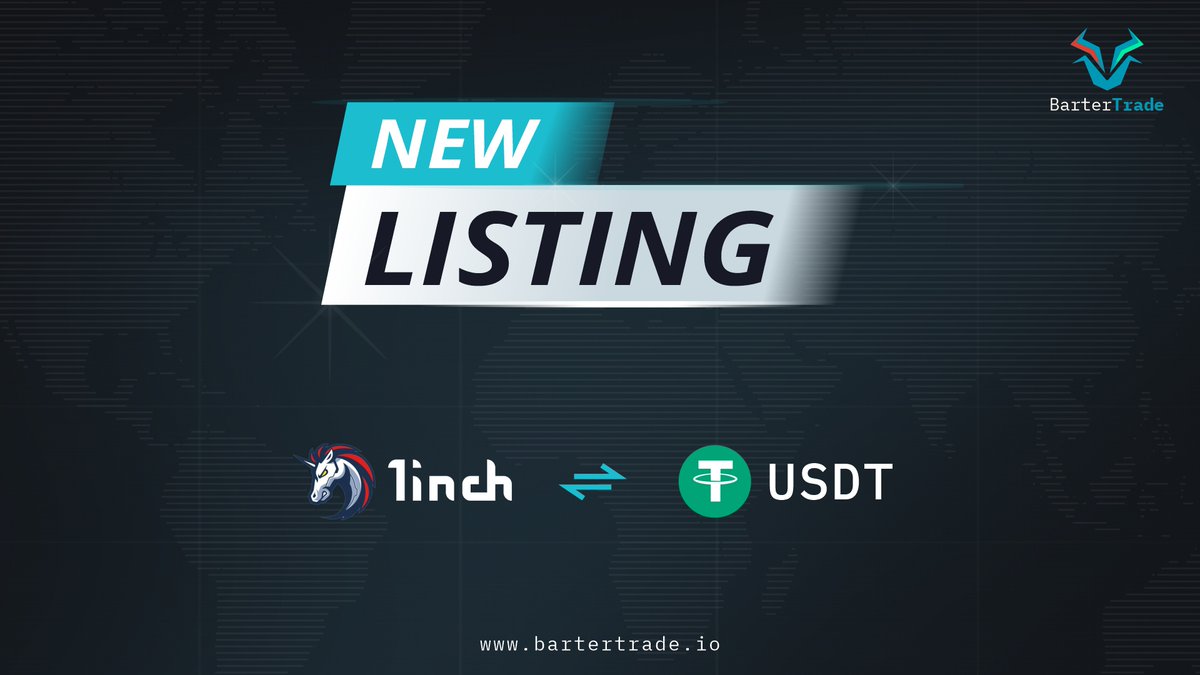BarterTrade will list @1inch token under the trading pair of 1INCH/USDT on October 23, 2021. Deposits: Already Open Trading starts: October 24, 2021 at 17:00 UTC Get ready to trade $1INCH with $0-fee for one week.