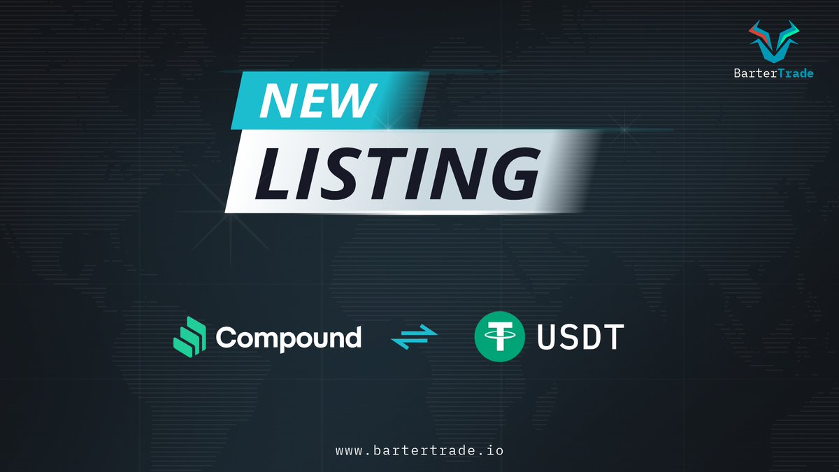 🔥 BarterTrade will list @compoundfinance token under the trading pair of COMP/USDT on October 23, 2021. Deposits: Already Open Trading starts: October 24, 2021 at 17:00 UTC Get ready to trade $COMP with $0-fee for one week.