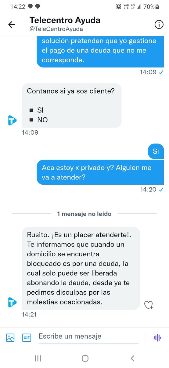 RusitoFrojan's tweet photo. @TeleCentroAyuda Esta es la respuesta? Prefieren perder 2 cuentas antes de registrar una 3ra, por una deuda que ni es mía? Allá vamos Fibertel!!!  Chau telecentro, perdiste un cliente que quería tener 3 cuantas... lamentables! https://t.co/C0seNgF0SN