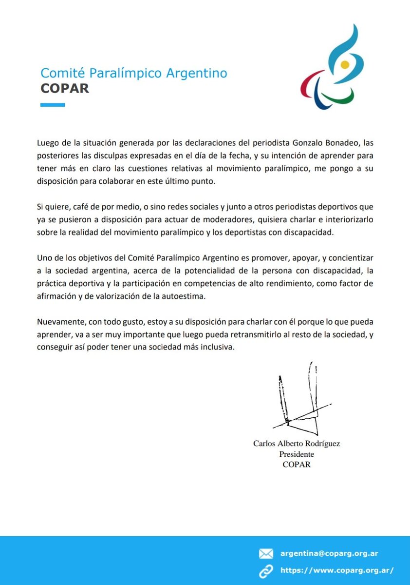 Ante el pedido de disculpas y su intención de aprender sobre el movimiento paralímpico y los deportistas con discapacidad de Gonzalo Bonadeo