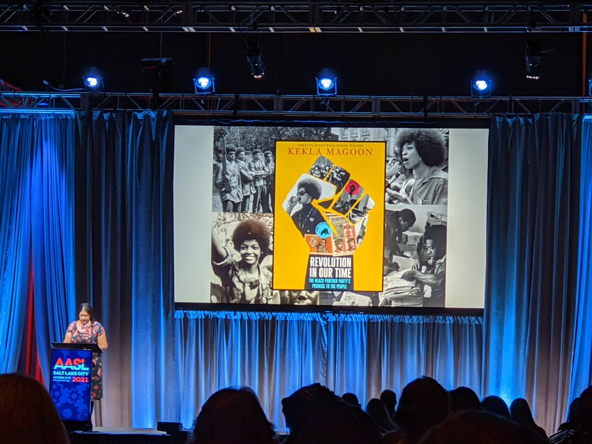 MonicaTolva's tweet photo. I was crying and clapping for author @KeklaMagoon. She says shelving her new book #RevolutionInOurTime is as important as other #civilrights actions. Come find it on our #VHReads shelves! Thank you #AASL21 for the chance to be inspired and uplifted. @District128 @D128Union https://t.co/fu4IIzMnpT
