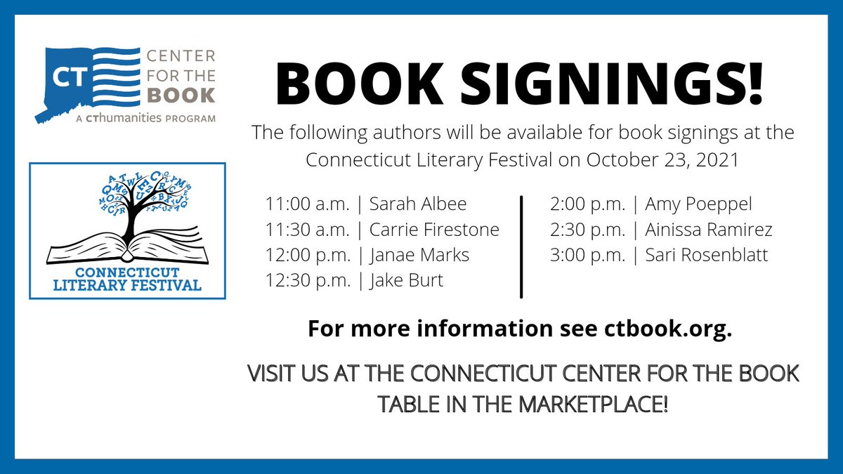 CTBookCTH's tweet photo. Book signings this afternoon @ctlitfest 2:00 @amypoeppel 2:30 @ainissaramirez 3:00 Sari Rosenblatt. Come on down, the water is fine.
#ctlitfest ##ctbook #ctauthors @RealArtWays https://t.co/vSQqX1MR8a