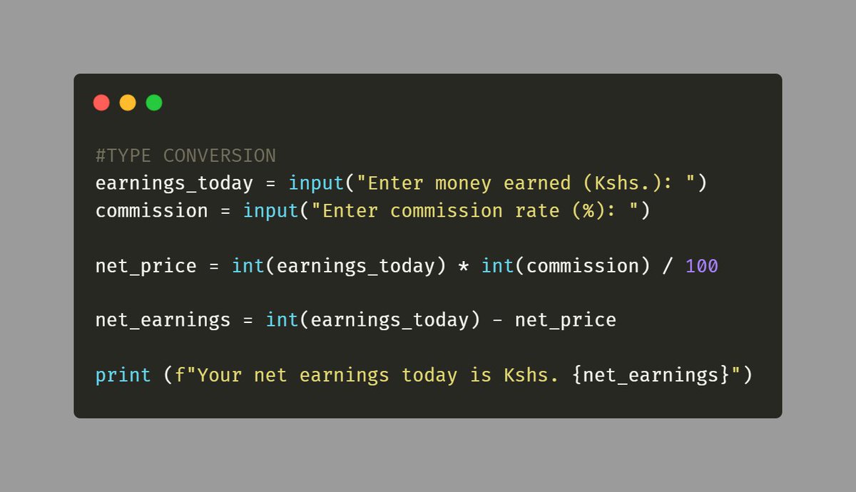 waburi_brian's tweet image. So I've been working on #TypeConversion. Can someone please help me in shortening my code so that I don't have to do two calculations to get the net_earnings? 1/2
#100DaysOfCode #CodeNewbie #python #programming @razacodes @argent_codes